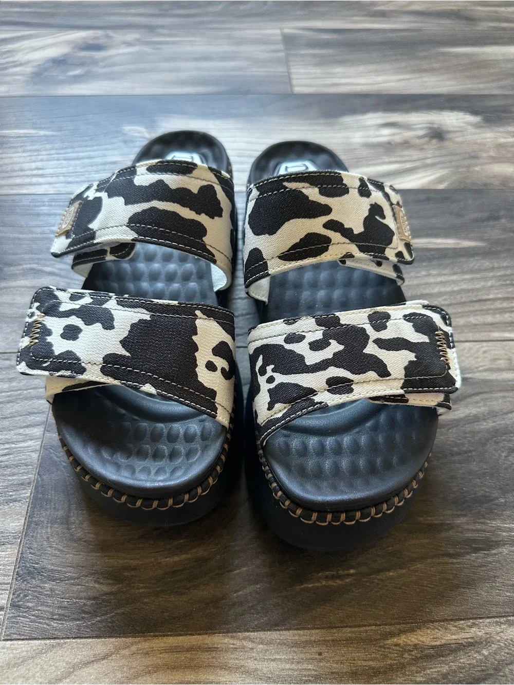 Hey Dude Women's Cow-Print Adjustable Slide Sandals - Black/Cream Platform W8